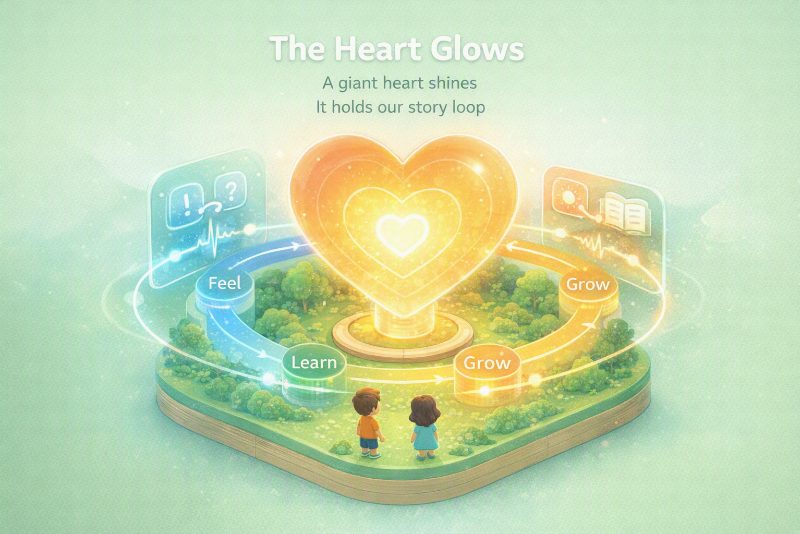 A child and companion growing together around a glowing heart