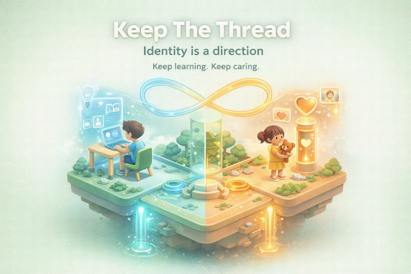 Keep the thread: identity is a direction — keep learning, keep caring