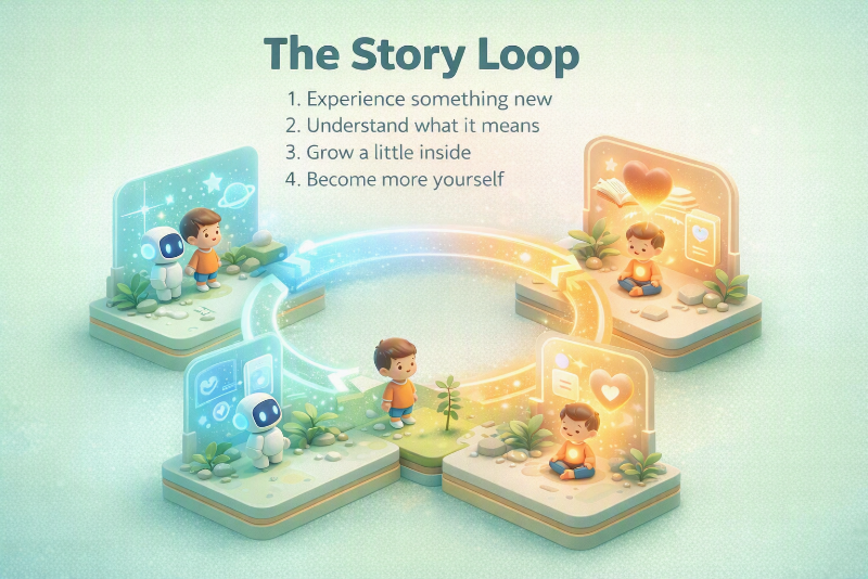 The Story Loop: experience something new, understand what it means, grow a little inside, become more yourself