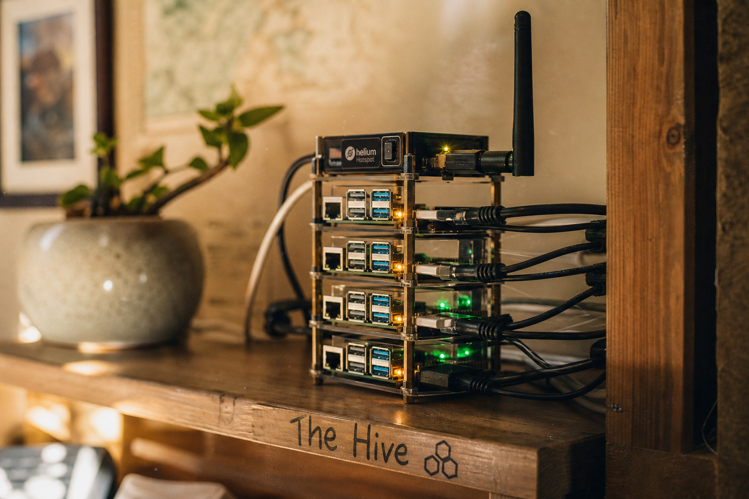 The Hive: a real Raspberry Pi mesh node stack with a Helium hotspot, labelled 'The Hive'